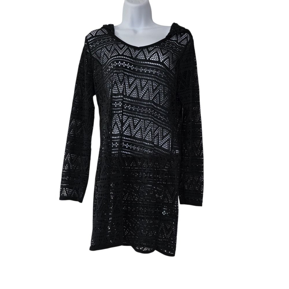 Balance Cover‎ Up Collection Mini Dress Womens Black M USA Open Mesh Hooded